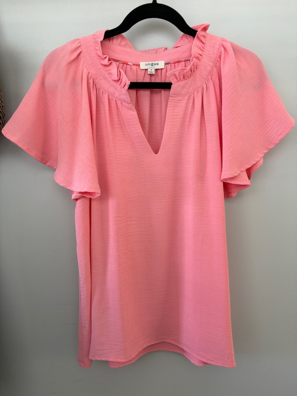 Umgee Coral Pink Ruffle V-Neck Flutter Sleeve Top